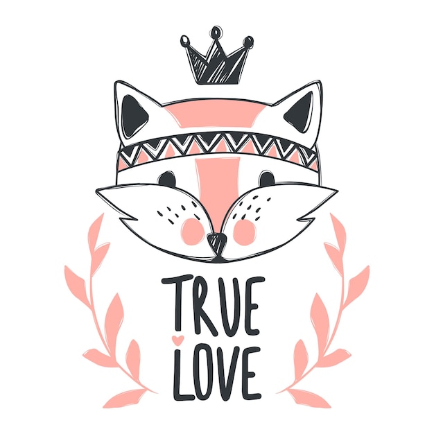 Vector cute fox. cartoon style. tribal animals portrait. doodle illustration. for posters, greeting cards, t-shirt and prints. cartoon design. true love.