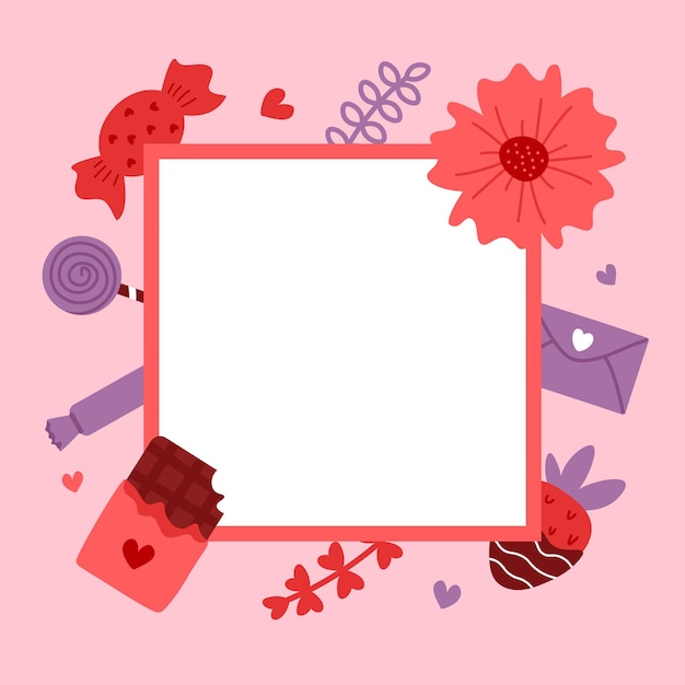 Vector cute frame Valentine's day greeting card Love Candy and flowers