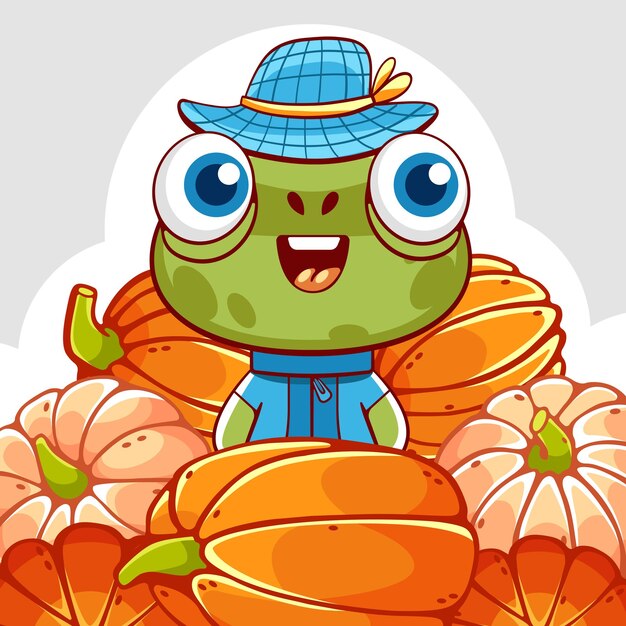 Vector cute frog and pumpkins in cartoon style