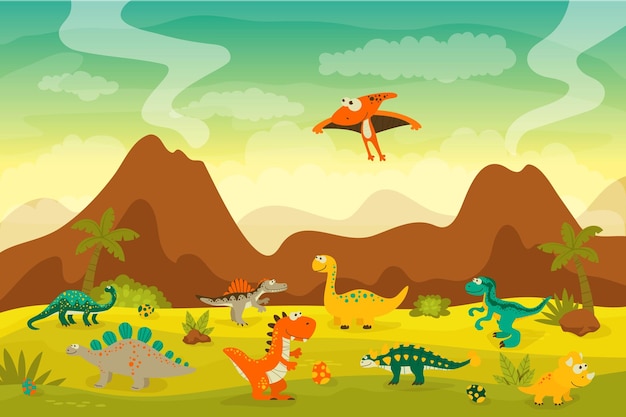 Vector carino e divertente piatto dinosauri trex stegosaurus velociraptor pterodattilo brachiosaurus ankylosaurus diplodocus spinosaurus brontosaurus triceratops dinosaur set natura paesaggio