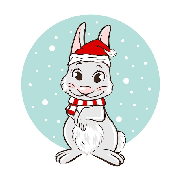 Vector Cute Funny Rabbit Hare met Santa Hat en Scarf Line Art Bunny Icon Design Template