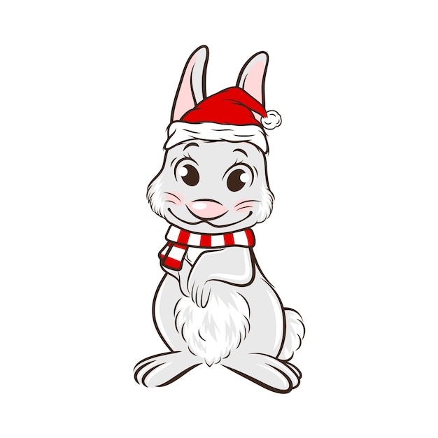 Vector cute funny rabbit hare with santa hat and scarf line art bunny icon design template for oriental chinese new year 2023 card christmas poster sticker tshirt print kids design