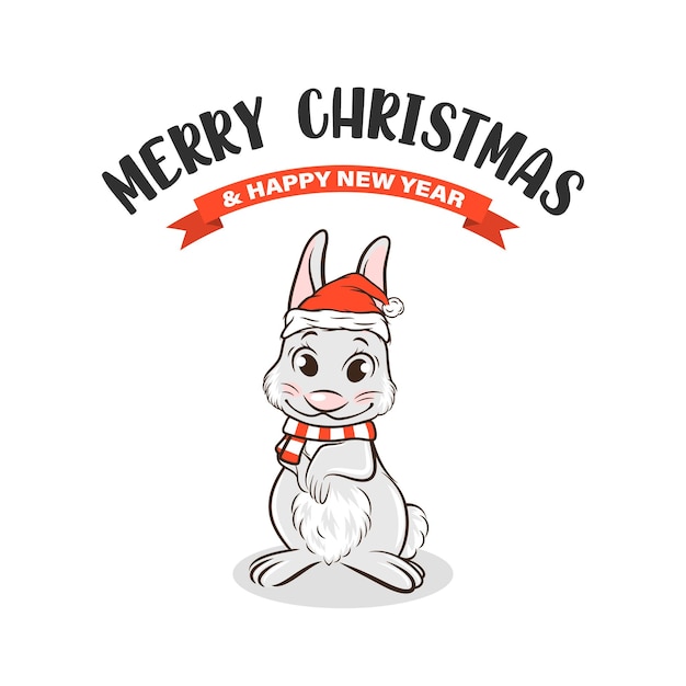 Vector cute funny rabbit hare con santa hat e scarf line art bunny icon design template