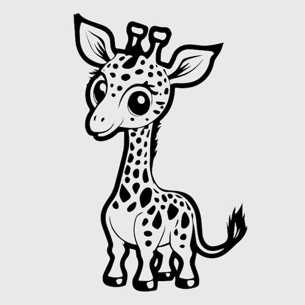 A vector of a cute giraffe in black and white coloring page for kids