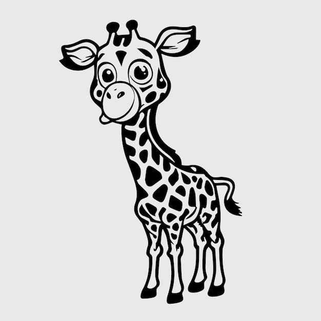 A vector of a cute giraffe in black and white coloring page for kids