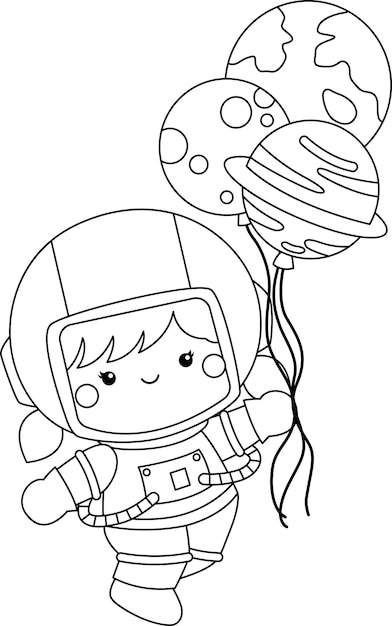 a vector of a cute girl astronauts in black and white coloring