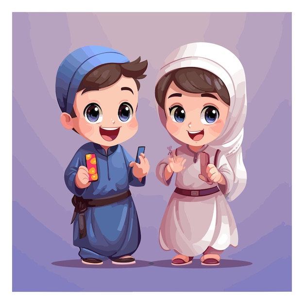 vector cute girl and boy moslem greeting eid