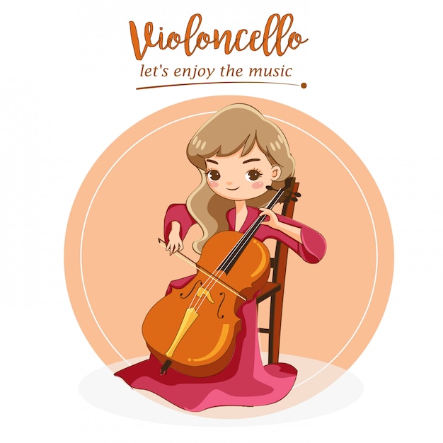 Vector of cute girl playing cello with music passion