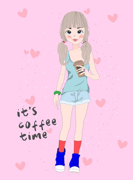 Vector vector a cute girl with coffee in his hand