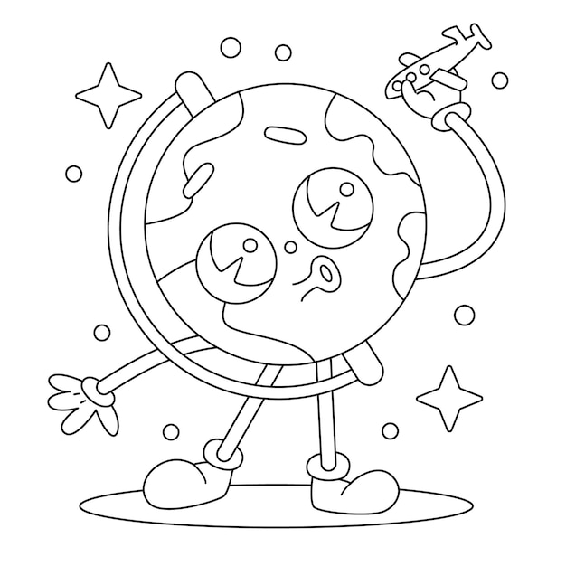 Vector vector cute globe earth planet coloring book cartoon isolated on white coloring page outline