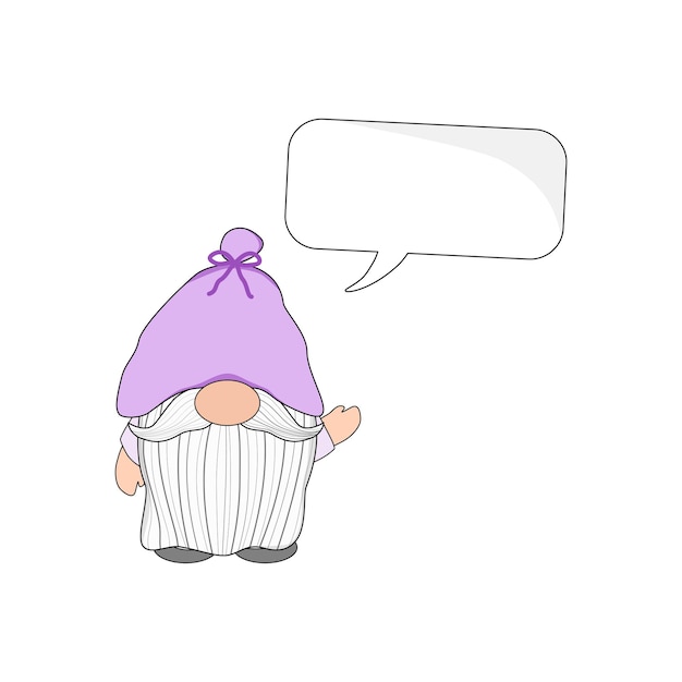 紫色の帽子と吹き出しのベクトルかわいいノームは、Webカードのポスターバナーに使用できます