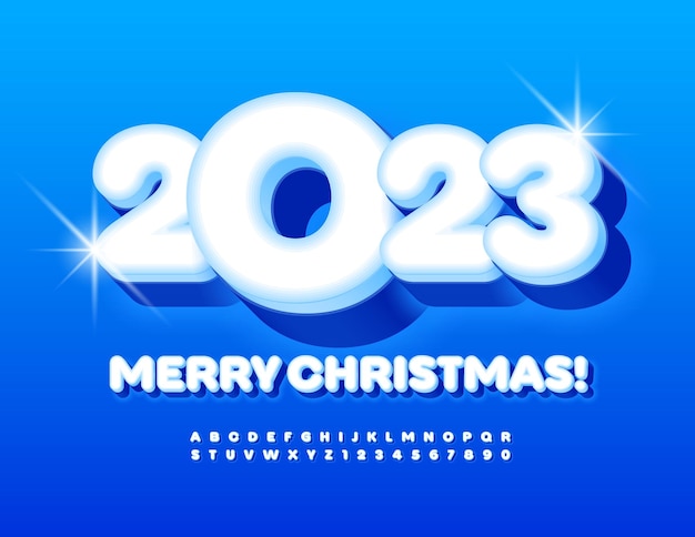 Vector cute greeting card merry christmas 2023! snow white font. glowing set of alphabet letters