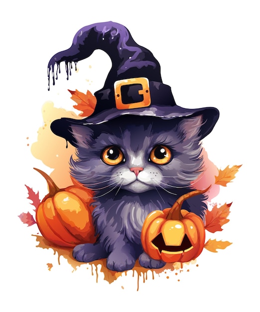 Vector cute grey halloween cat watercolor vector smiling pumpkin and grey cat halloween cat and pumpkins on white background