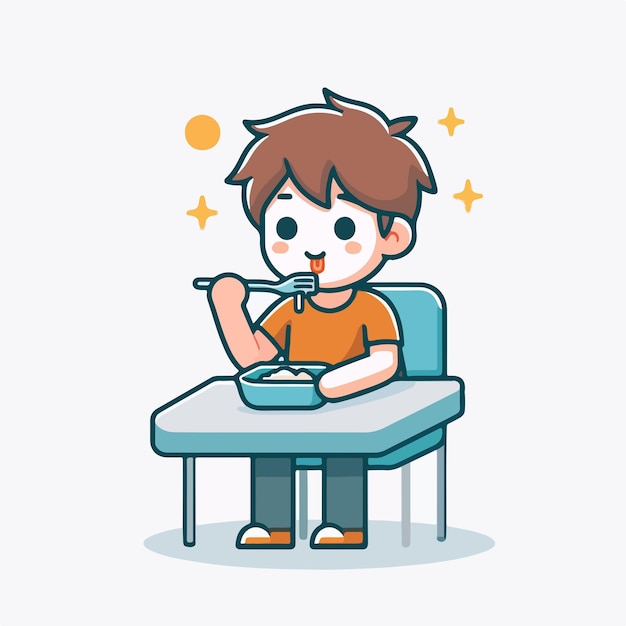 Vector cute guy character eating with a simple and minimalist flat design style