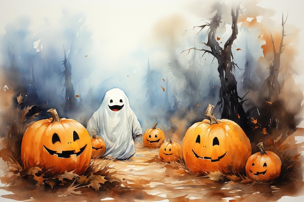 Vettore vector il simpatico fantasma di halloween che tiene l'illustrazione del fumetto della zucca