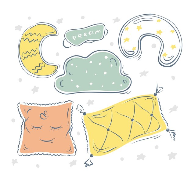 Vector vector cute hand - drawn pillow set with sleep mask. hygge. isolated background.