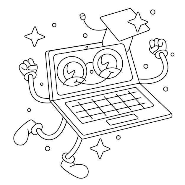 Векторная милая счастливая компьютерная книжка-раскраска мультфильм изолирована на белом Окраска страницы Контур
