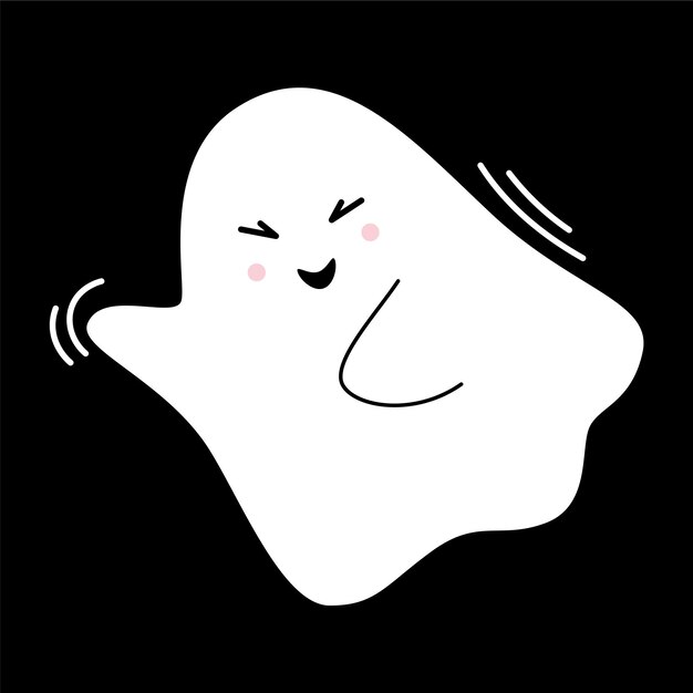 Vector cute hello ghost Funny flying spirit in flat design White phantom on black background Doodle ghost Halloween