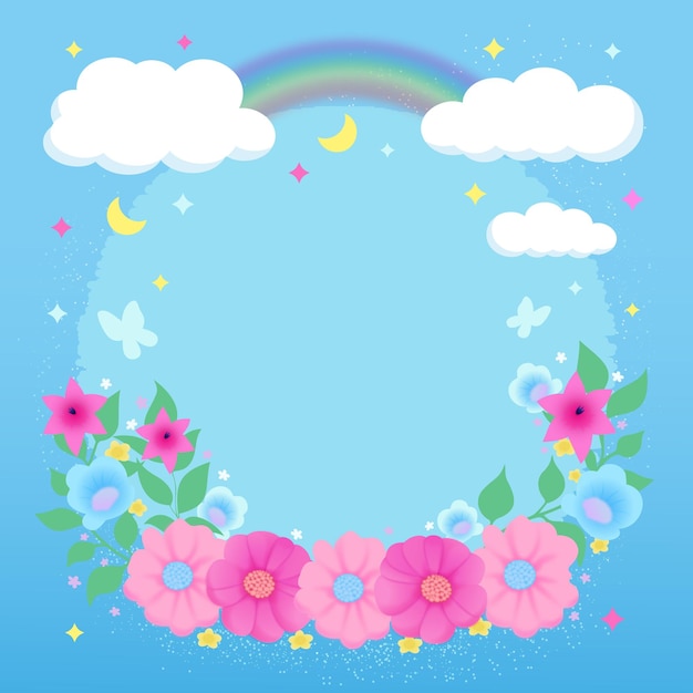 Vector vector cute holiday background with colorful flowers clouds rainbow card banner template design