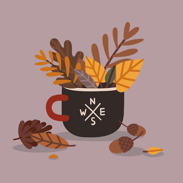 Векторная милая иллюстрация походная чашка, осенние листья, ветки и желуди