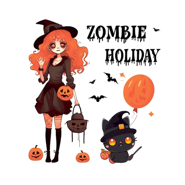 Vector cute illustration of witch cat black cat in hat pumpkin witch wings pug Halloween elemen