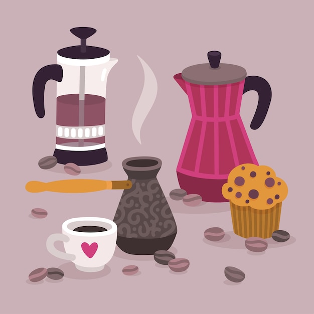 Vector vector cute illustration with coffee beans capcake and coffee accessories