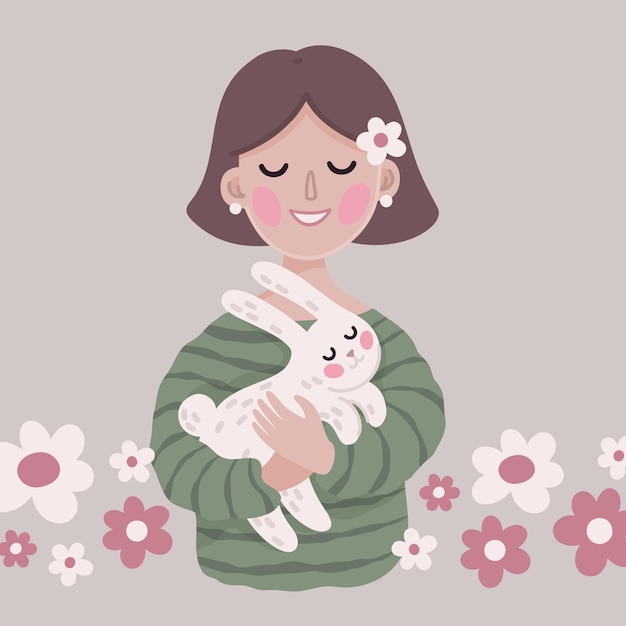 vector cute illustration with girl bunny flowers and pastel colors