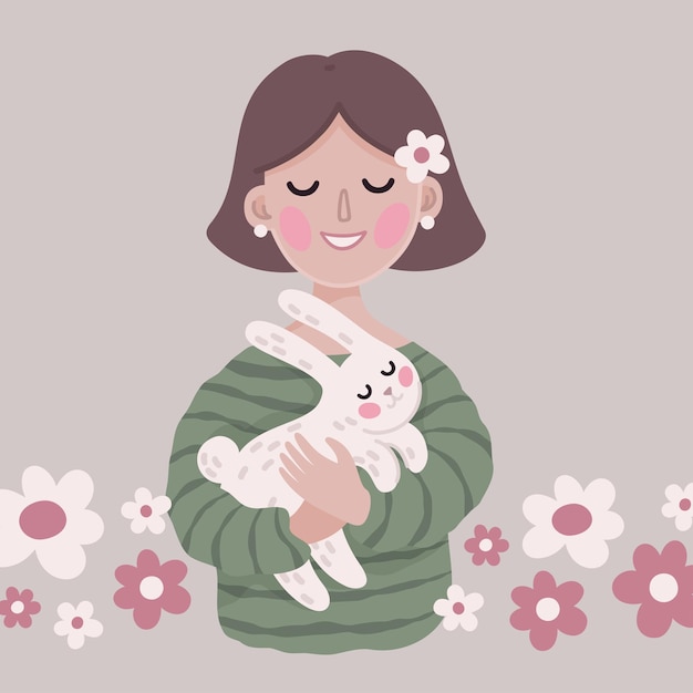 Vector cute illustration with girl bunny flowers and pastel colors