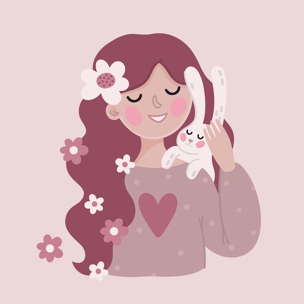 vector cute illustration with girl bunny flowers and pastel colors