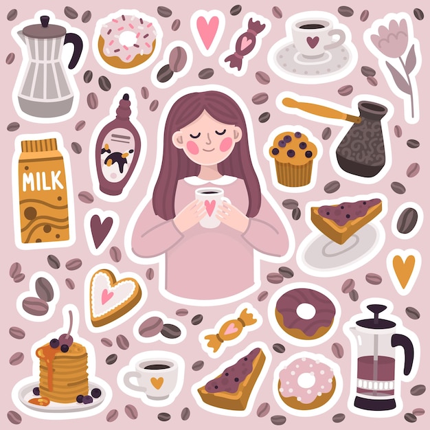 Vector cute illustration with girlcoffee sweet food and coffee accessories