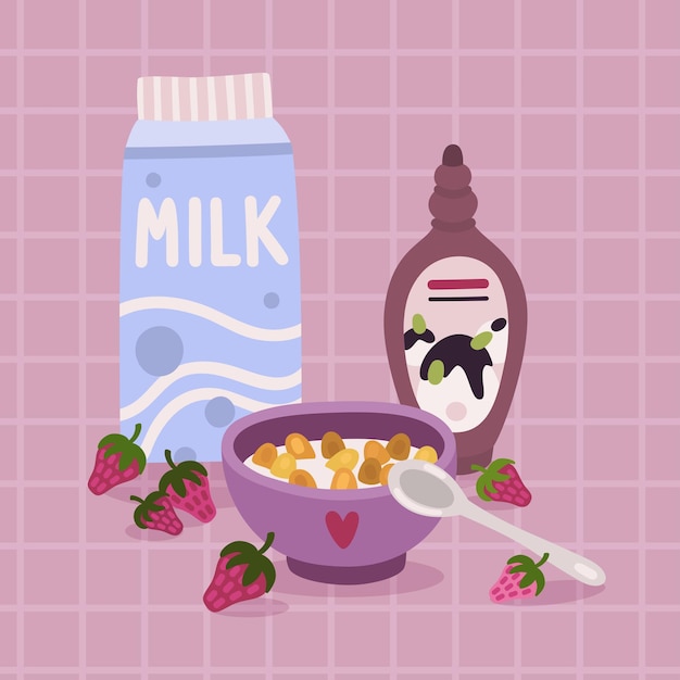 Vector vector cute illustration with milk box cornflakes syrup and strawberry