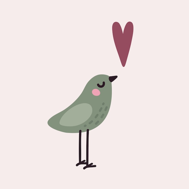 Векторная милая иллюстрация с романтической птицей и сердцем