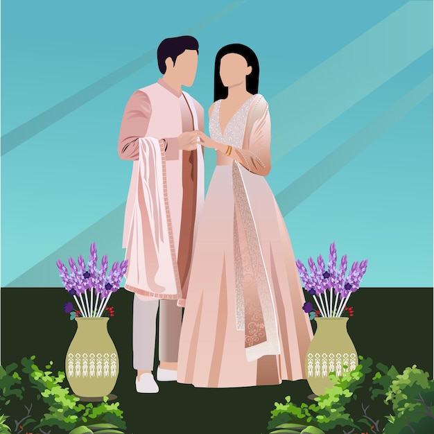 Vector vector cute indian couple cartoon in traditional dress posing for wedding invitation card design fre