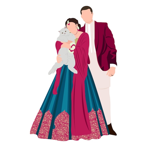 vector cute indian couple cartoon in traditional dress posing for wedding invitation card design