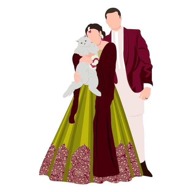 Vector vector cute indian couple cartoon in traditional dress posing for wedding invitation card design