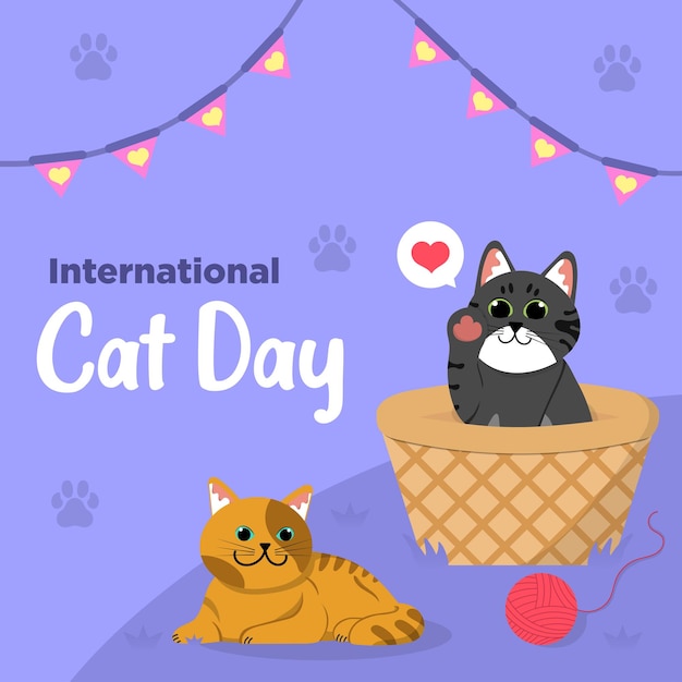 Vector Cute International Cat Day Flat Hand Drawn Illustration