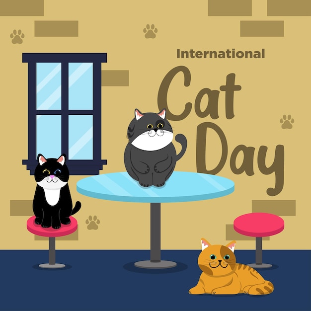 Vettore vector cute international cat day piatto disegnato a mano tema cat house 3 illustrazione