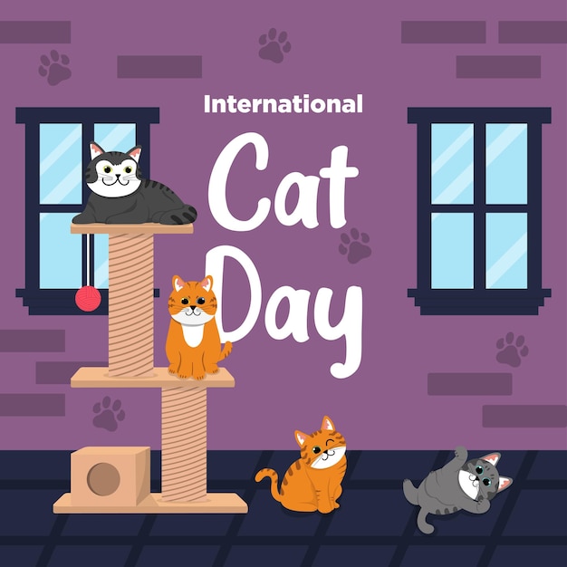 Vector Cute International Cat Day Flat Hand Drawn theme Cat House Illustration