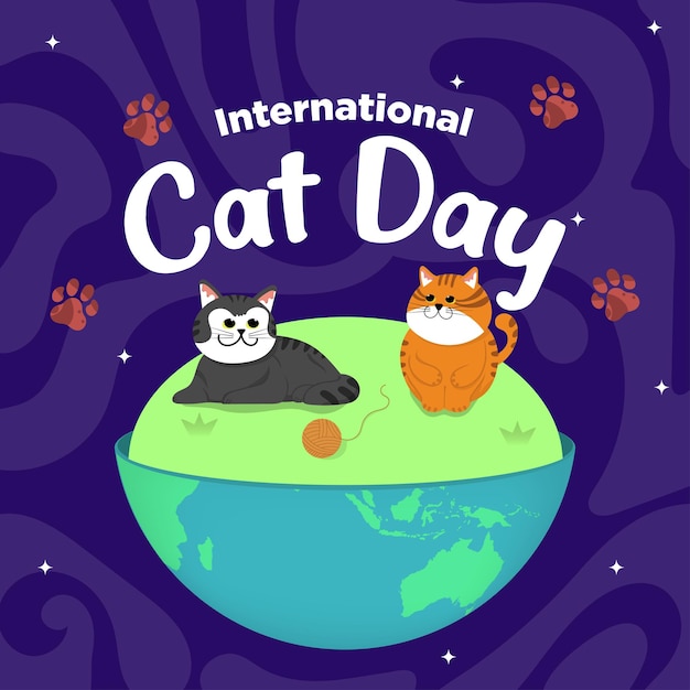 Vector Cute International Cat Day Flat Handgetekende thema Earth Cat Illustration