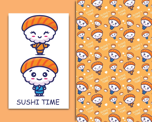 Vector cute japanese sushi cartoon illustration and seamless pattern set