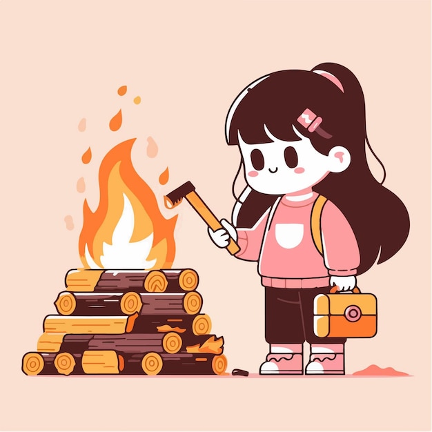 Vector vector cute kawai girl burning wood