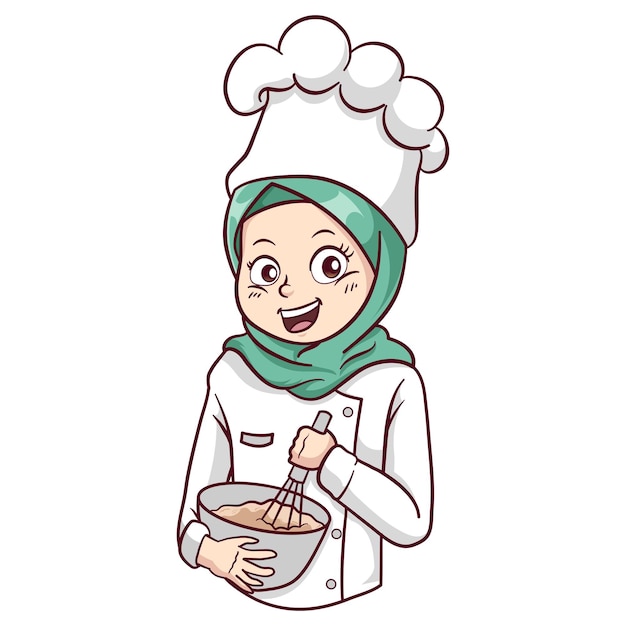 ヒジャブ漫画ちびイラストを着たベクトルキュートでカワイイイスラム教徒の女性シェフ
