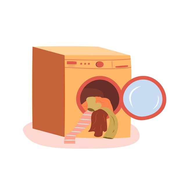 Vector cute laundry machine with clothes in it. isolated washing machine on white background
