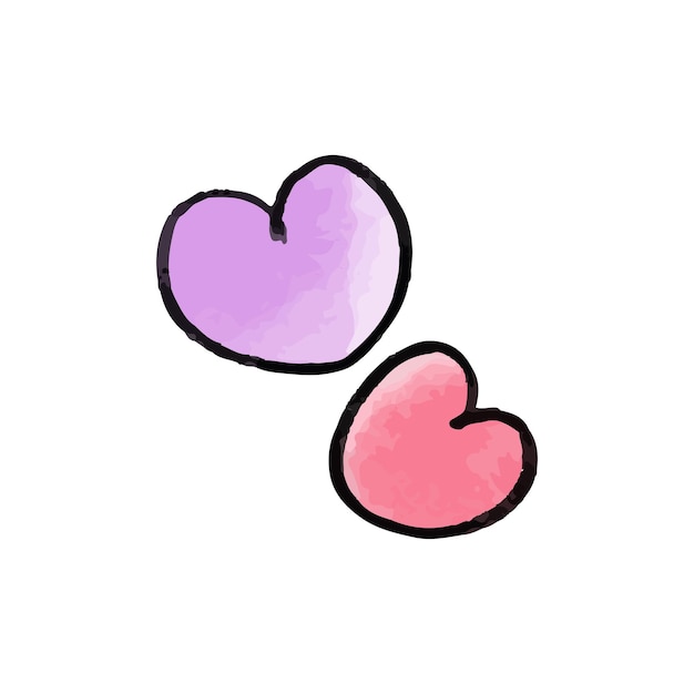 벡터 귀여운 라일락과 핑크 수채화 손으로 그린 하트. 발렌타인 데이를 위한 Llustration입니다.