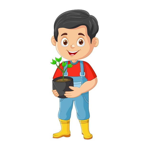 Vector cute little gardener holding plants in pot