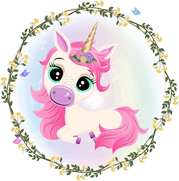 Vector cute little pink unicorn with flower