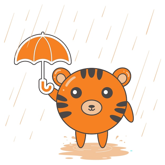 vector cute little tiger playing in the rain