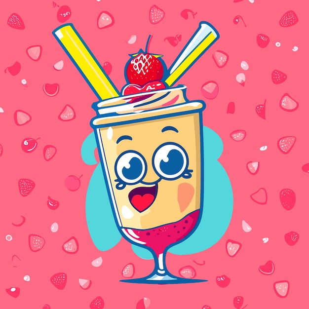 Vector cute milkshake with cherry cartoon