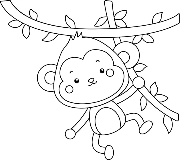 A vector of a cute monkey hanging on a vine in black and white coloring