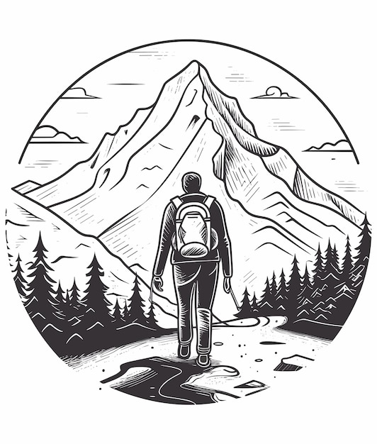 Vector vector cute mountain and hiker bold line